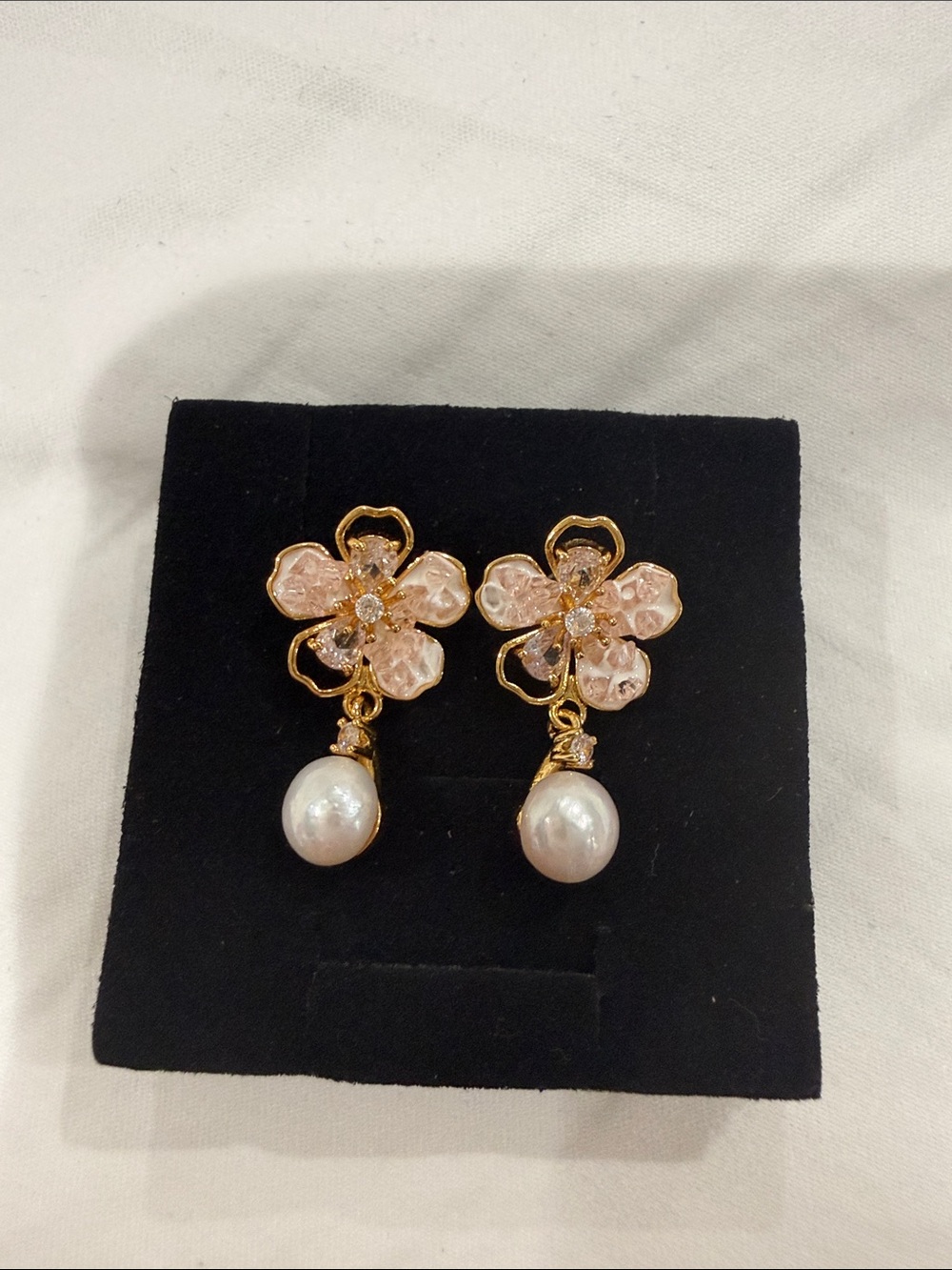 Gold Flower Pearl Drop Earrings - Blush Pink and White